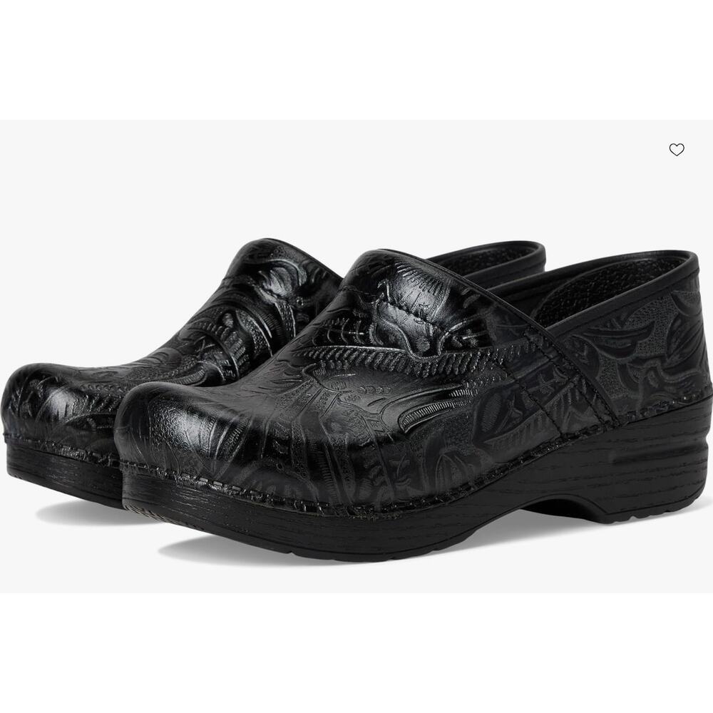 Dansko Black Embossed Leather Slip-On Clogs